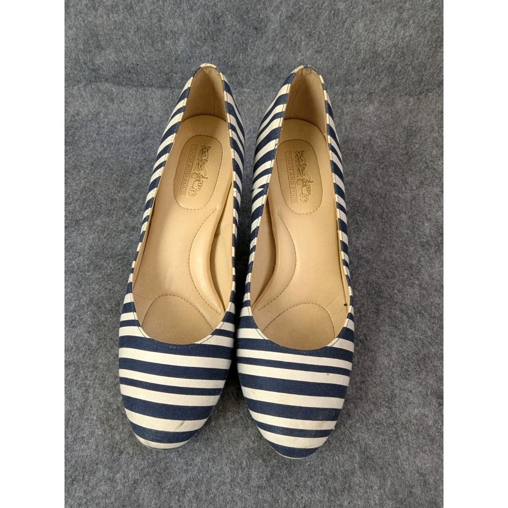 Coach and Four Shoes Size 7 1/2 Blue and White Striped Pumps Cork Heels